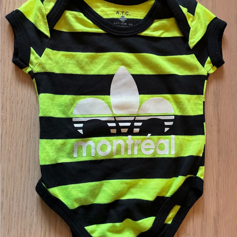 Baby Adidas Striped Black and Yellow Montreal Onesie